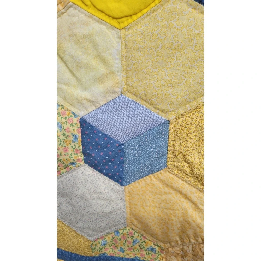 Vintage Baby Crib Quilt 40x56 Yellow Blue Patchwork Tumbling Blocks
